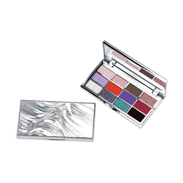 Slim palette with silver marble print lid and twelve shades