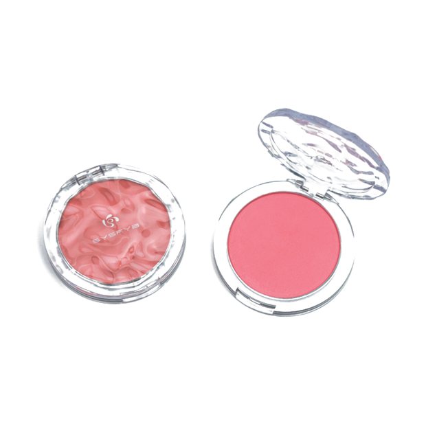 Round blush compact with marbled pink and blue pattern