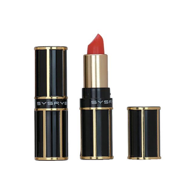 Black and gold bullet lipstick shown open with cap beside it