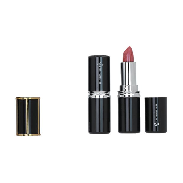 Matte black lipstick case with gold ring and red bullet
