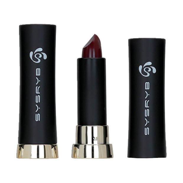 Matte black lipstick tube with deep red bullet on a silver base