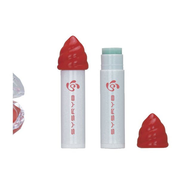 White stick lip balm with a red dome shaped tip
