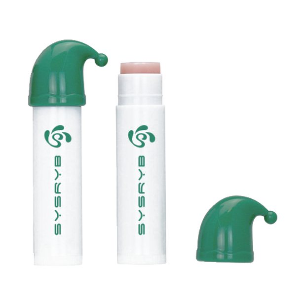 White lip balm stick with a green elf hat shaped cap