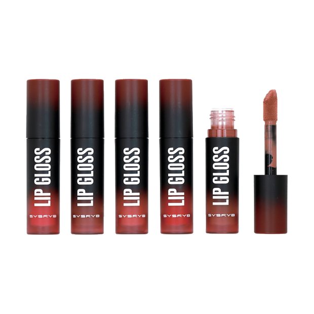 Black square lip gloss tubes with white lettering and doe foot applicator