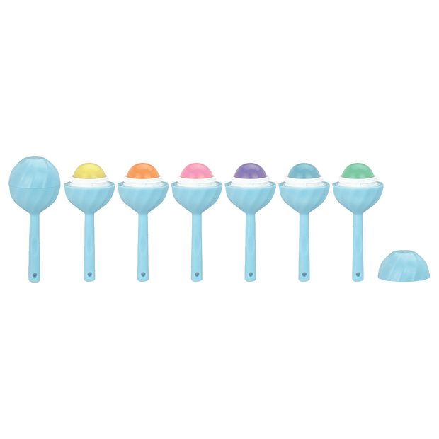 Round lollipop style lip gloss in seven pastel shades